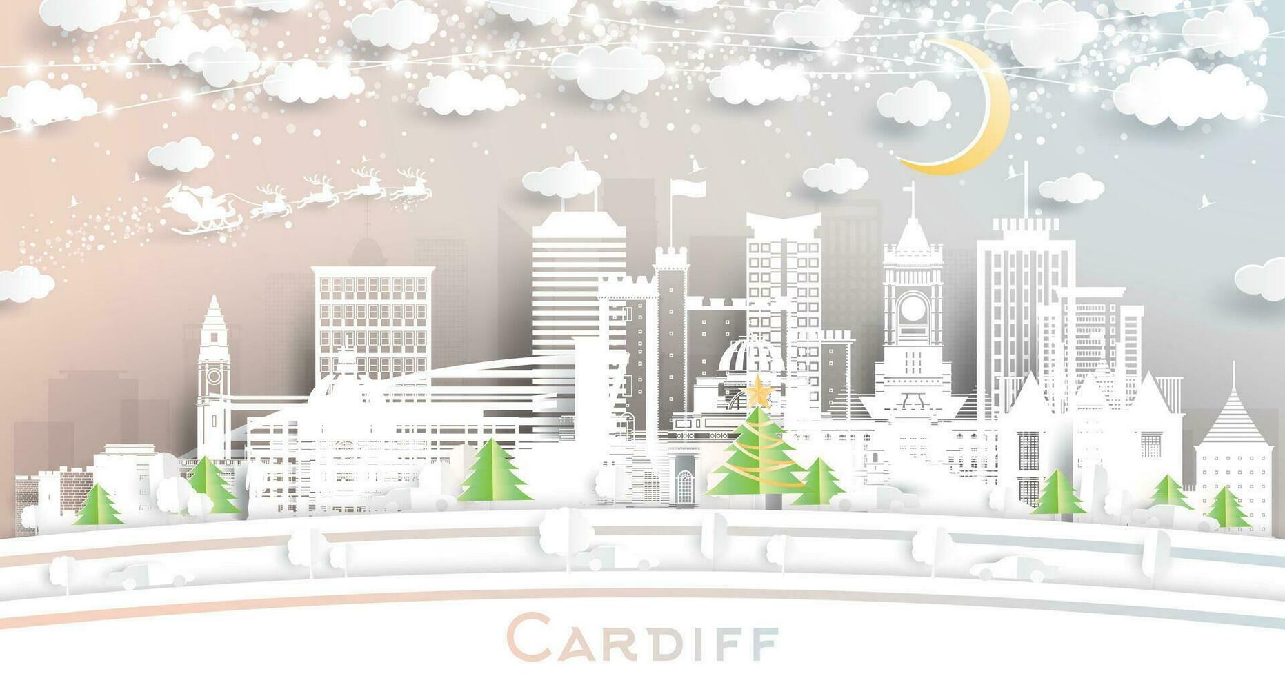 Cardiff Pays de Galles. hiver ville horizon dans papier Couper style avec flocons de neige, lune et néon guirlande. Noël, Nouveau année concept. Cardiff paysage urbain avec Repères. vecteur