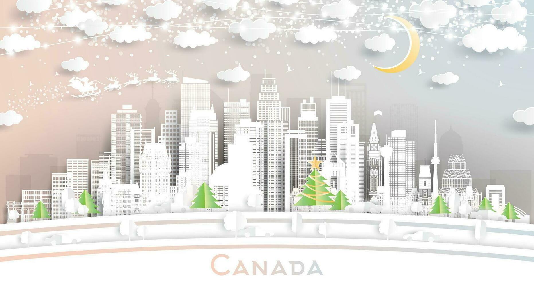 Canada. hiver ville horizon dans papier Couper style avec flocons de neige, lune et néon guirlande. Noël et Nouveau année concept. Père Noël claus sur traîneau. Canada paysage urbain avec Repères. ottawa. vecteur