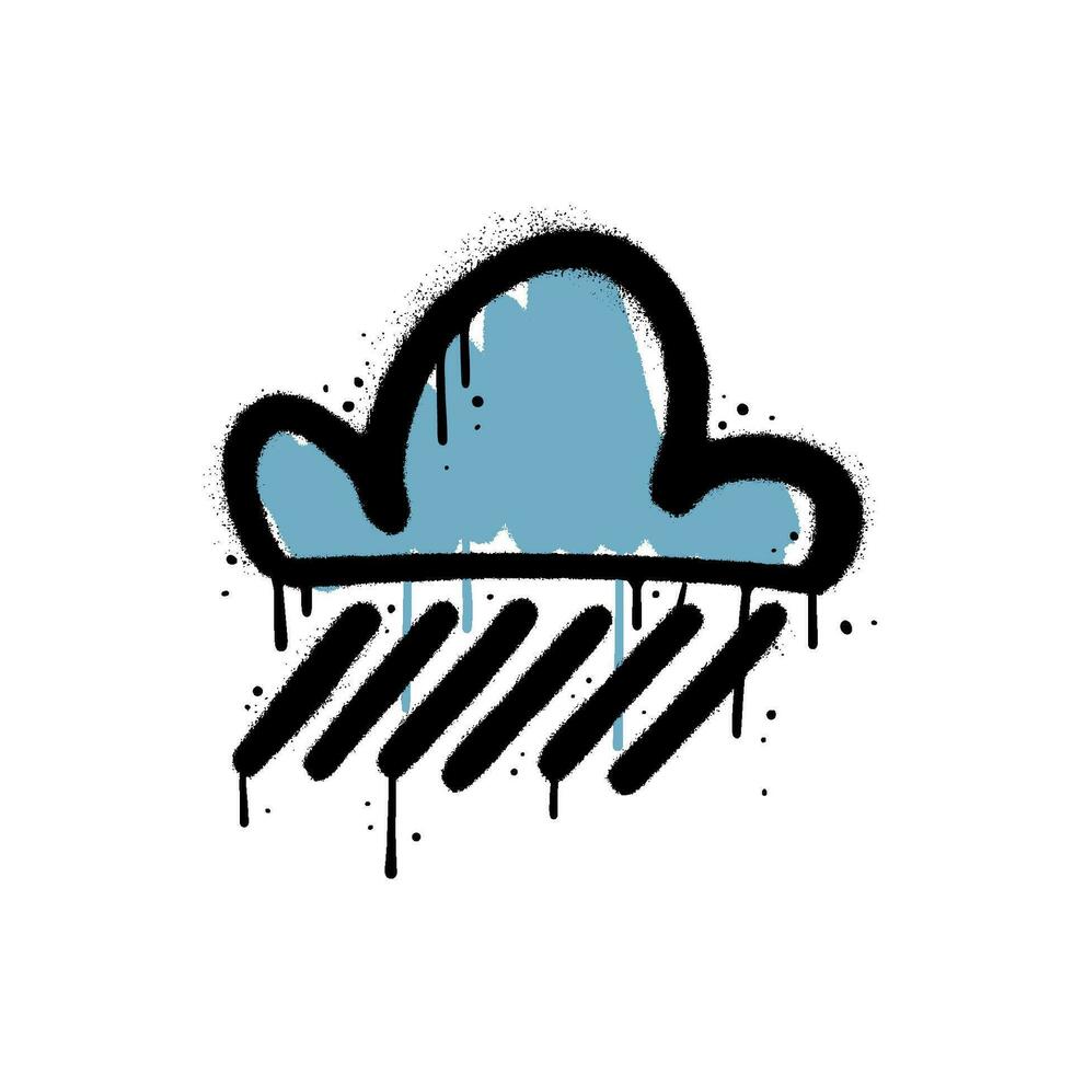 vaporisateur peint Urbain graffiti nuage et pluie icône pulvérisé isolé sur une blanc Contexte. rue art nuage et pluie avec plus de vaporisateur dans noir plus de blanc avec bleu tache. vecteur illustration.