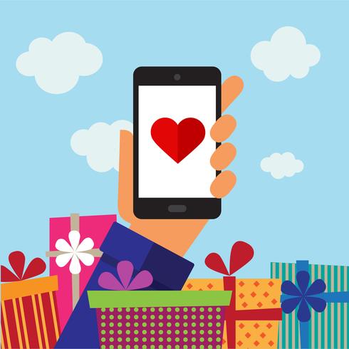 Smartphone mobile, coeur et cadeaux vecteur