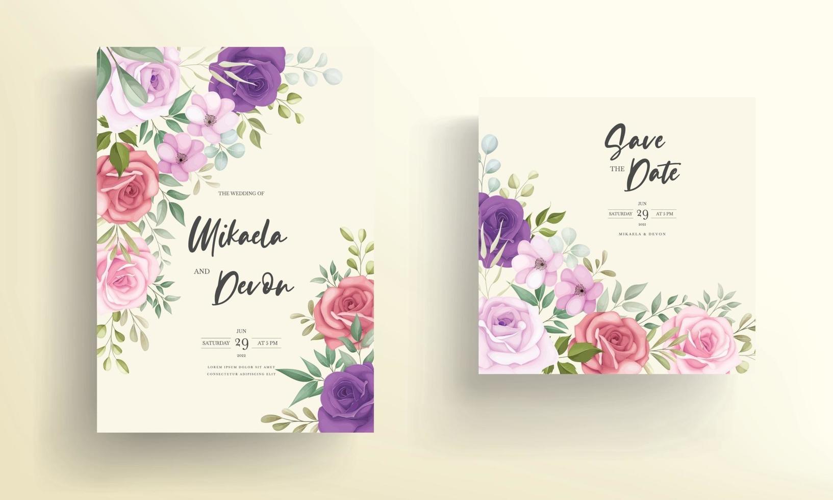 beau modèle de carte d'invitation de mariage floral vecteur