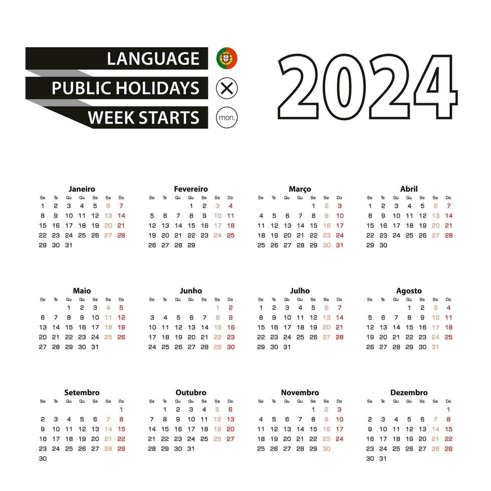calendrier 2024 dans Portugais langue, la semaine départs sur lundi. vecteur