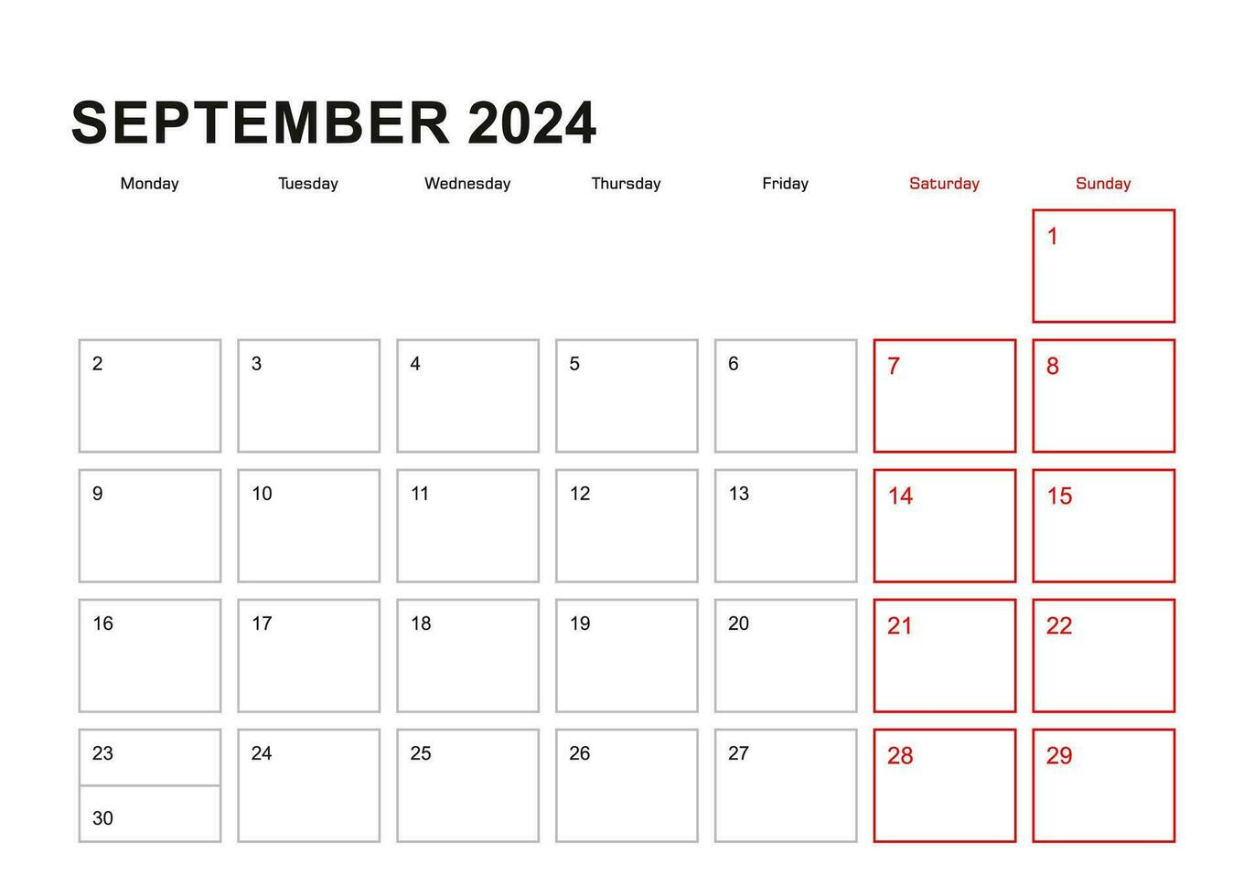 mur planificateur pour septembre 2024 dans Anglais langue, la semaine départs dans lundi. vecteur