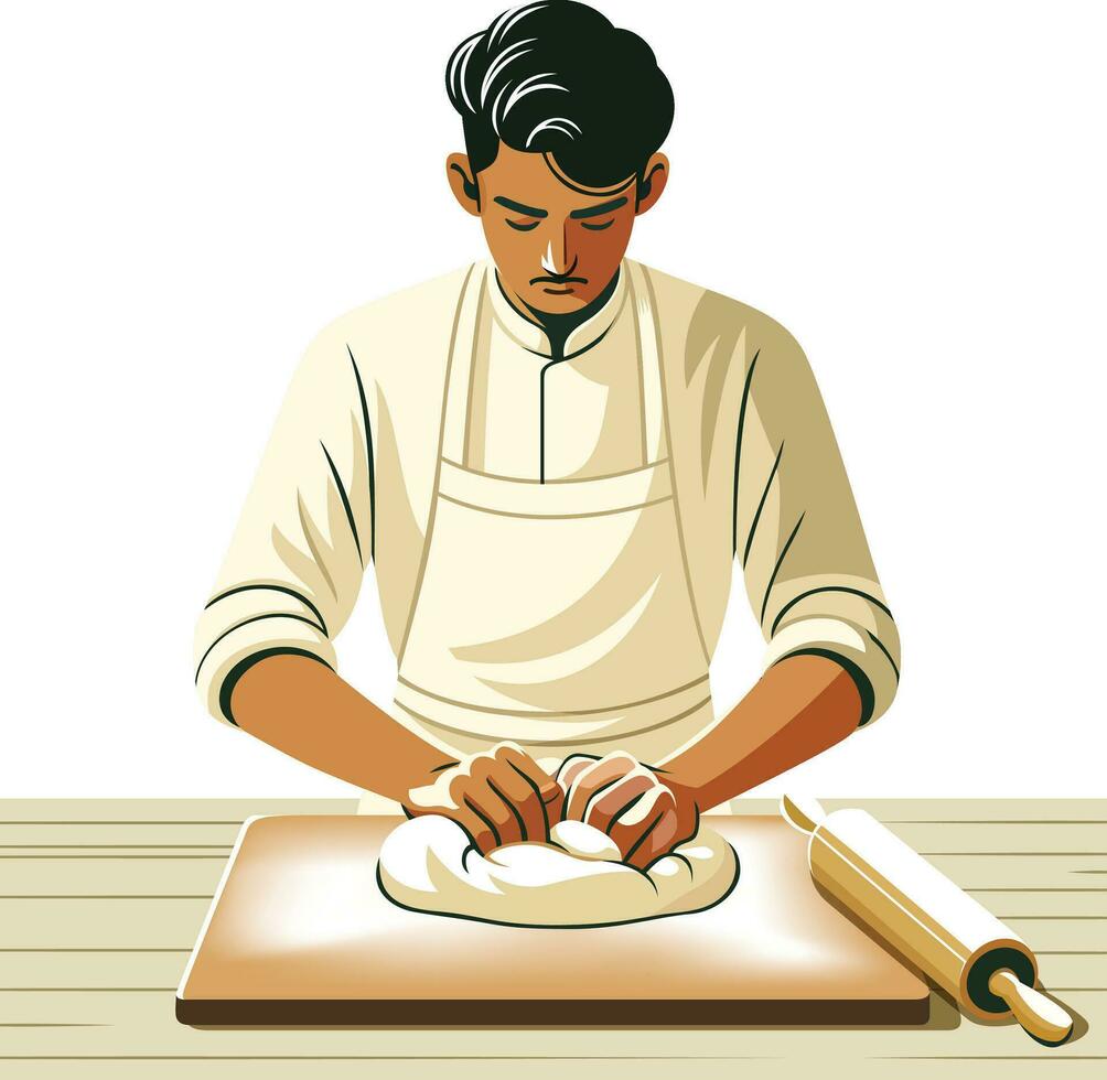 boulanger, Sud asiatique descente, pétrissage pâte sur une fariné boulangerie compteur vecteur illustration, Pâtisserie chef, boulangerie chef Stock vecteur image