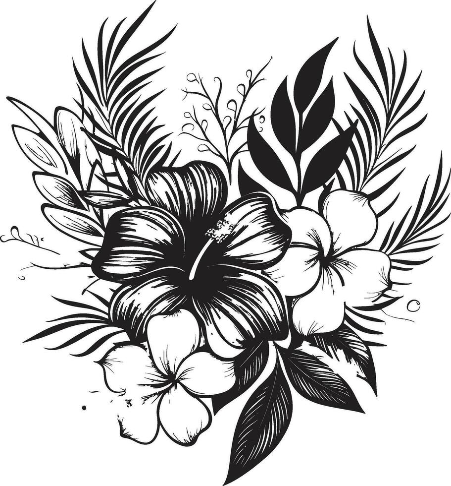 exquis île art floral conception dans noir vecteur botanique paradis noir logo avec tropical fleurs
