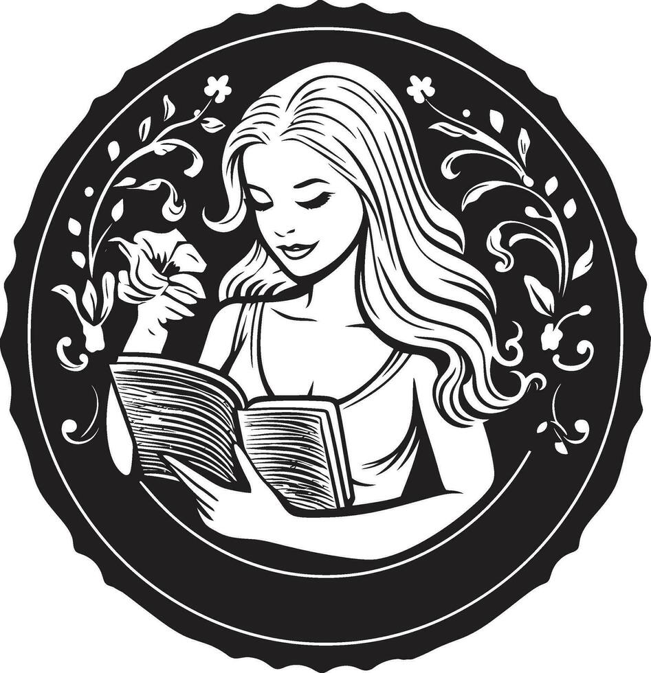 le Créatif savant femelle prof et livre icône encre de connaissance femme instruit par livre symbole vecteur