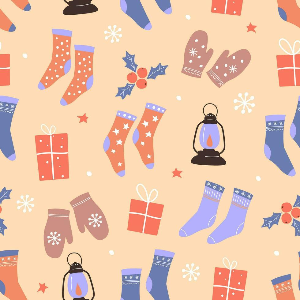 sans couture modèle avec vacances cadeaux, chaussettes, Mitaines, flocons de neige. hiver confortable imprimer. vecteur graphique.