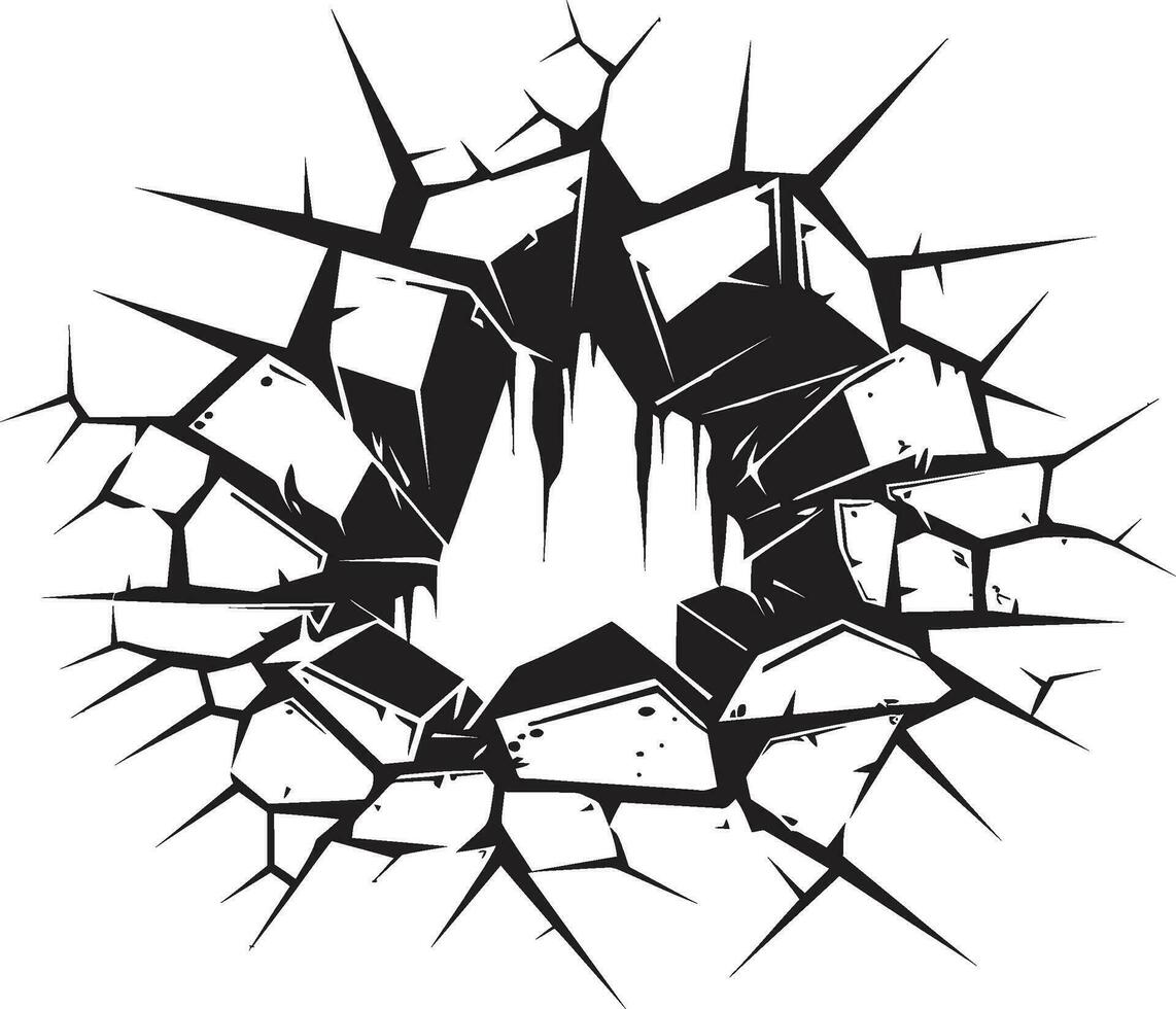 passionnant impact dévoilé noir logo avec cassé mur aventureux art vecteur icône dans noir