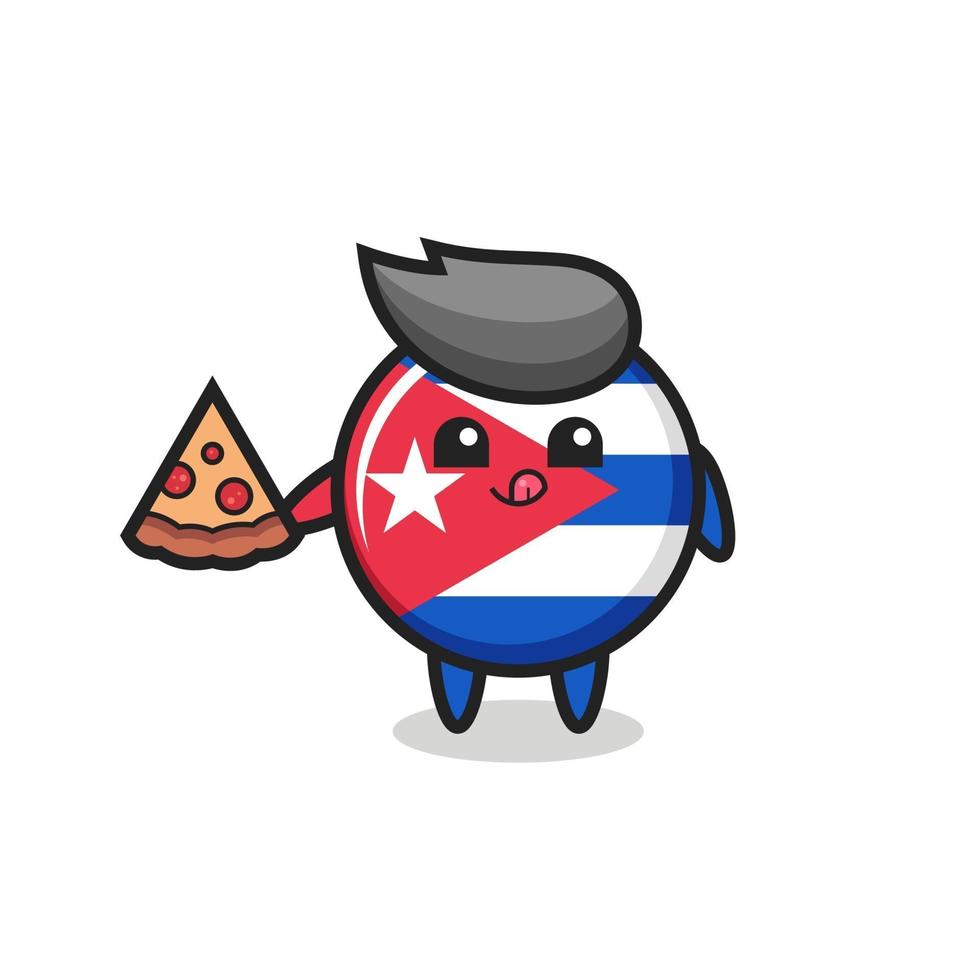 dessin animé mignon d'insigne de drapeau de cuba mangeant la pizza vecteur