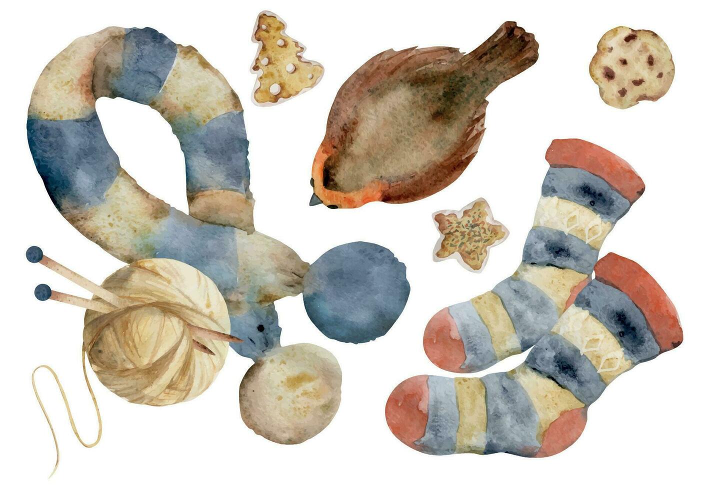 main tiré aquarelle illustration. tricoté foulard, chaussettes, fil Balle avec aiguilles, Robin oiseau, fait maison pain d'épice biscuits. composition isolé sur blanc Contexte. pour boutique, logo, imprimer, papier, carte vecteur