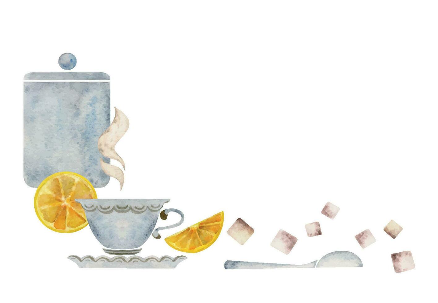 aquarelle main tiré illustration. porcelaine thé espace de rangement pot et tasse sur soucoupe, cuillère, citron tranches. isolé sur blanc Contexte. pour faire-part, café, restaurant nourriture menu, imprimer, site Internet, cartes vecteur