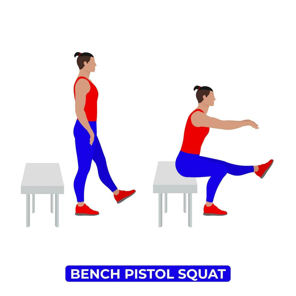 vecteur homme Faire banc pistolet s'accroupir. poids aptitude jambes faire des exercices exercer. un éducatif illustration sur une blanc Contexte.