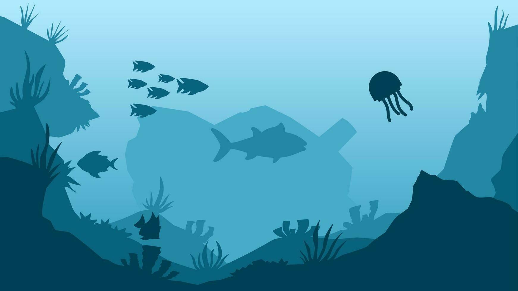 sous-marin paysage vecteur illustration. bas mer paysage avec poisson, corail récif et Naufrage. mer monde silhouette pour arrière-plan, fond d'écran ou atterrissage page. Profond mer paysage vecteur Contexte