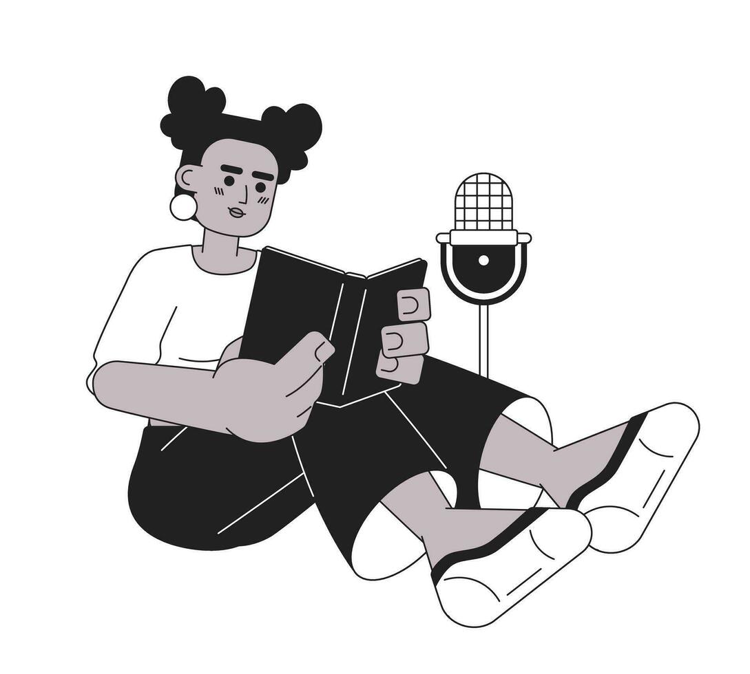 africain américain femme en train de lire livre sur microphone noir et blanc 2d dessin animé personnage. noir fille livre audio narration isolé vecteur contour personne. enregistrement monochromatique plat place illustration