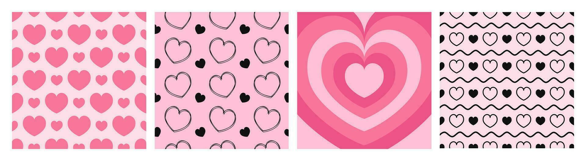 rose romantique arrière-plans avec cœurs, sans couture motifs et Célibataire cadre, rétro la Saint-Valentin journée cartes, décorations, vecteur illustration.