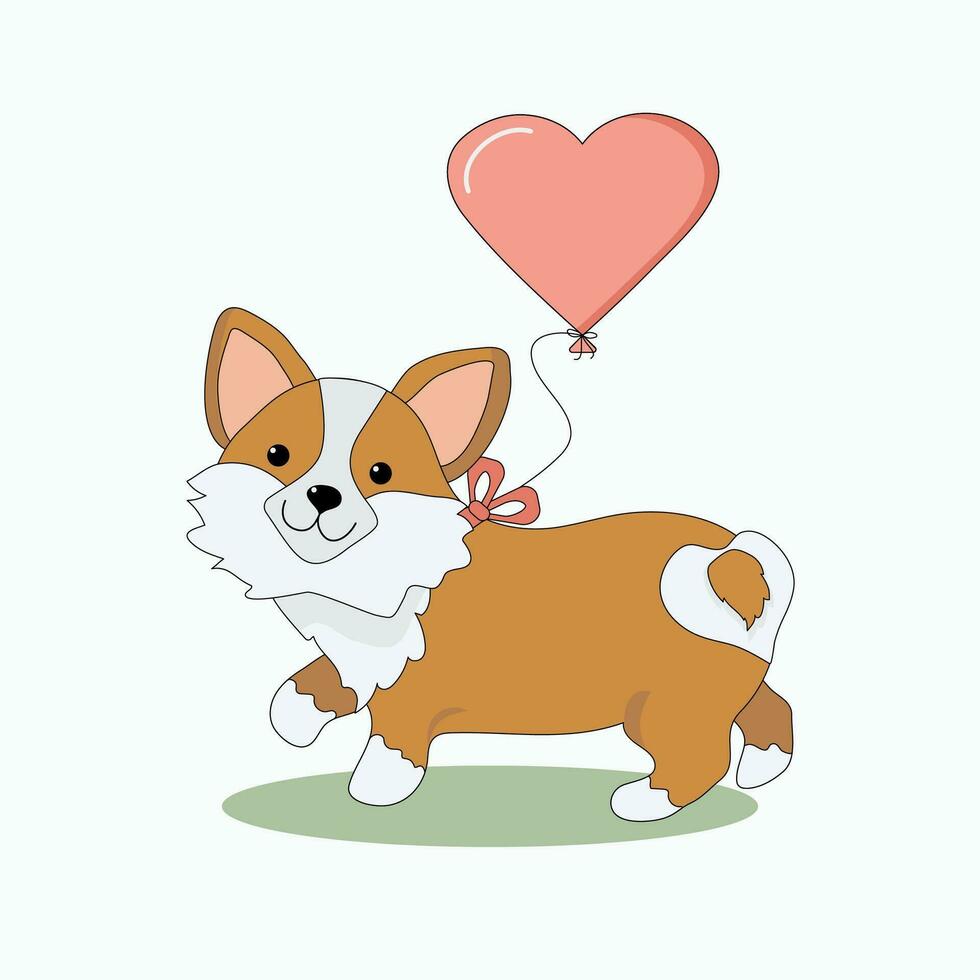 dessin animé chien corgi avec une ballon. dans le forme de une cœur. animal de compagnie. vecteur