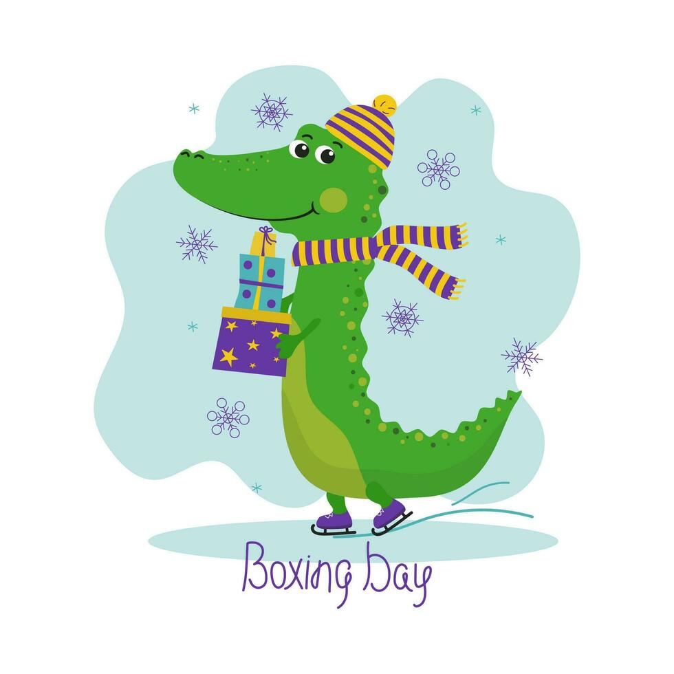 boxe journée. de bonne humeur dessin animé crocodile sur patins avec une boîte de cadeaux. crocodile dans chaud tricoté vêtements, chapeau et foulard. vecteur