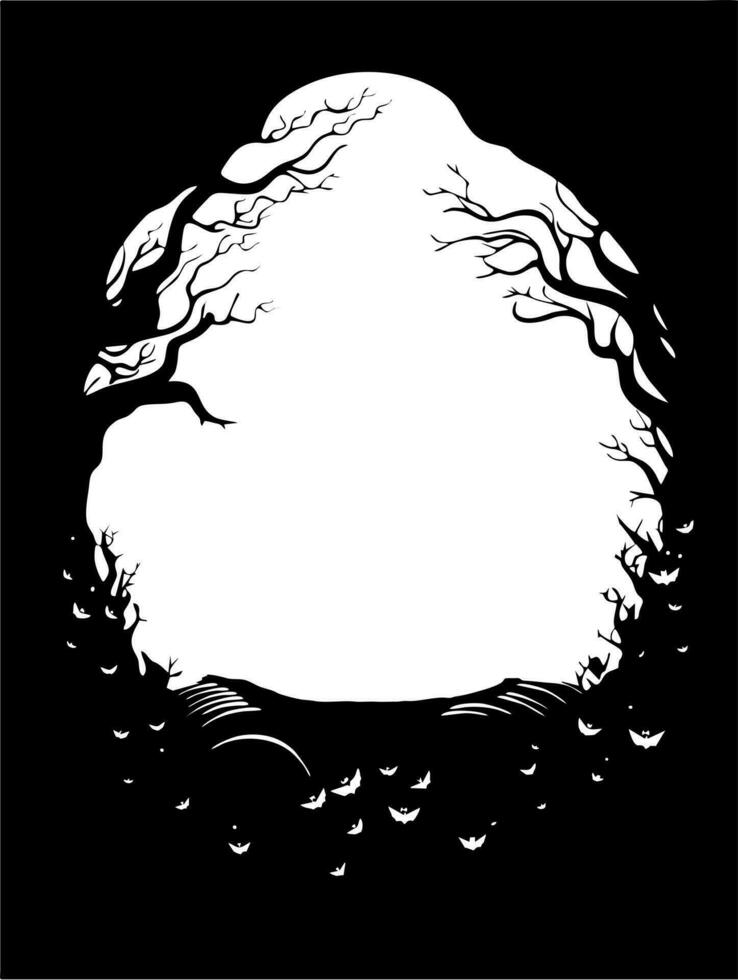 Cadre noir et blanc image de une plein lune, effrayant magique arrière-plan, mystérieux et effrayant forêt, mort forêt arrière-plan, vecteur, plat modèle, pour bannière, affiche vecteur
