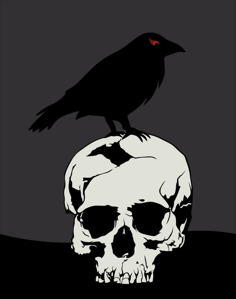 noir corbeau séance sur une blanc crâne vecteur