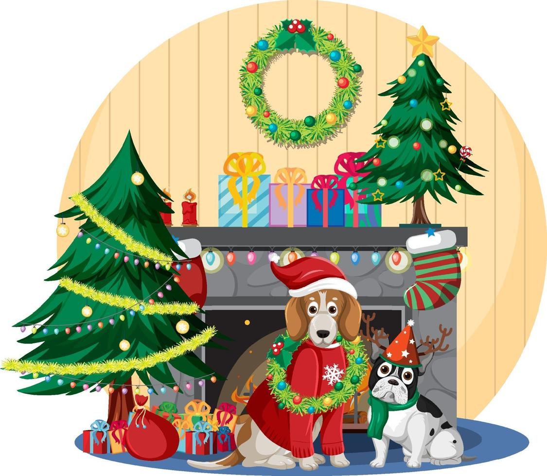 cheminée avec des chiens mignons et des décorations de noël vecteur