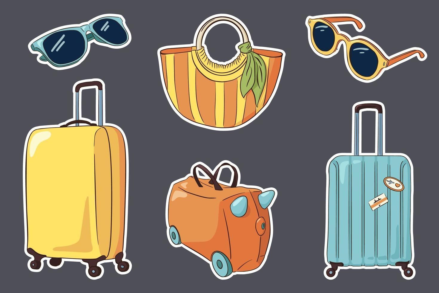 ensemble d'autocollants de bagages de voyage dessinés à la main vecteur