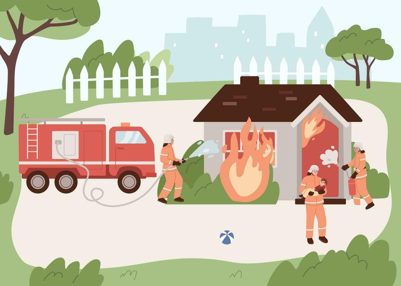 Brigade équipe de pompiers en mettant en dehors Feu dans une maison. économie la vie de une enfant par combattant. plat dessin animé vecteur illustration. Feu extincteur.