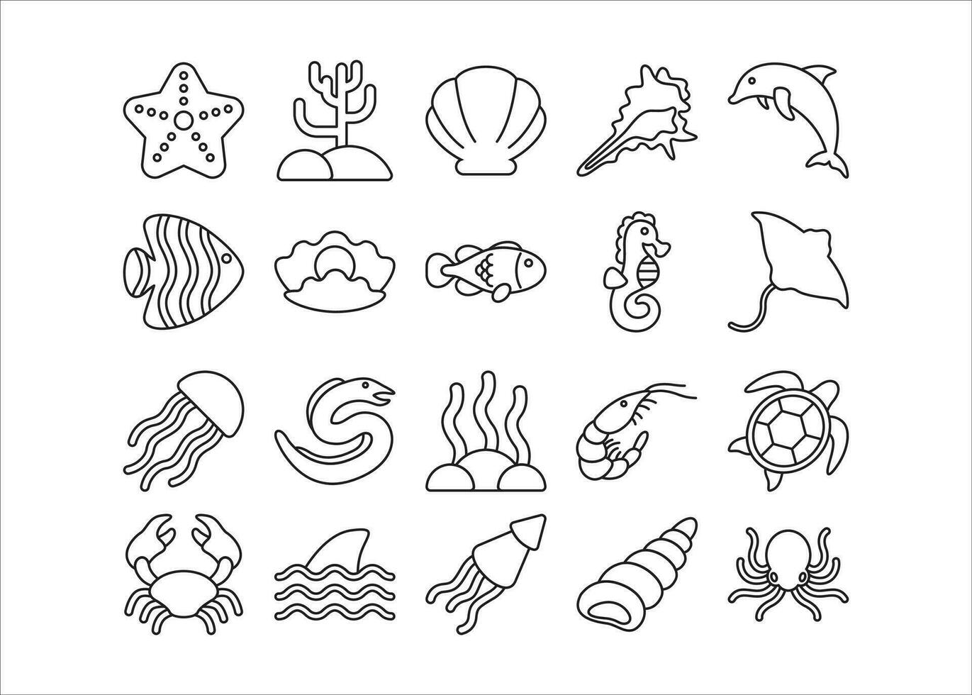 mer animal outilne icône, océan vecteur graphique collection