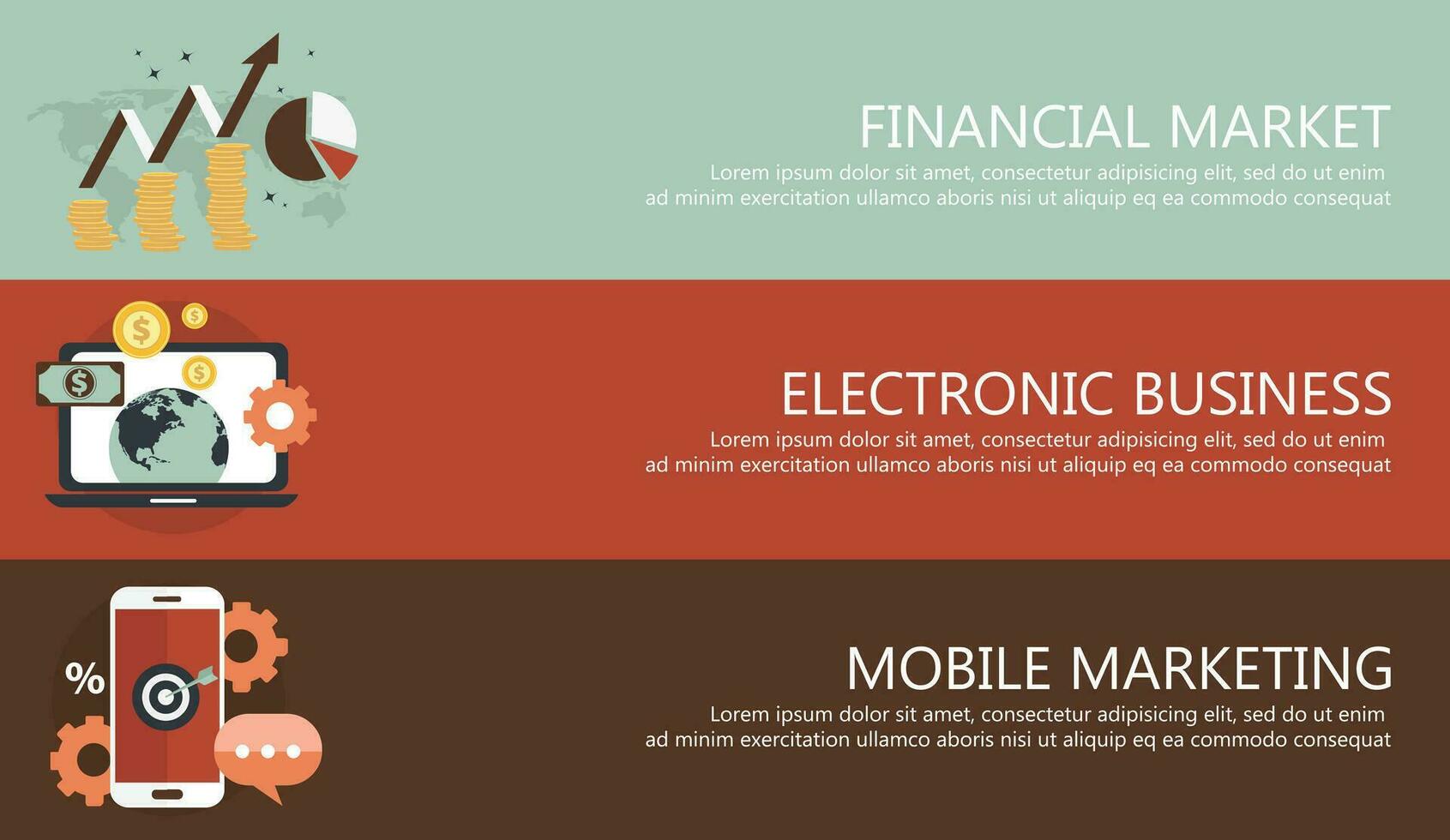 financier marché, électronique entreprise, mobile commercialisation bannières plat vecteur illustration