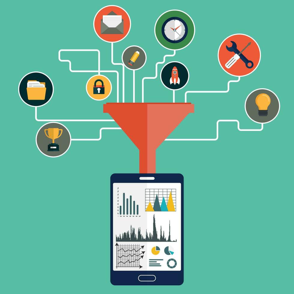 concepts pour Créatif processus, gros Les données filtre, Les données tunnel et analyse. plat vecteur illustration