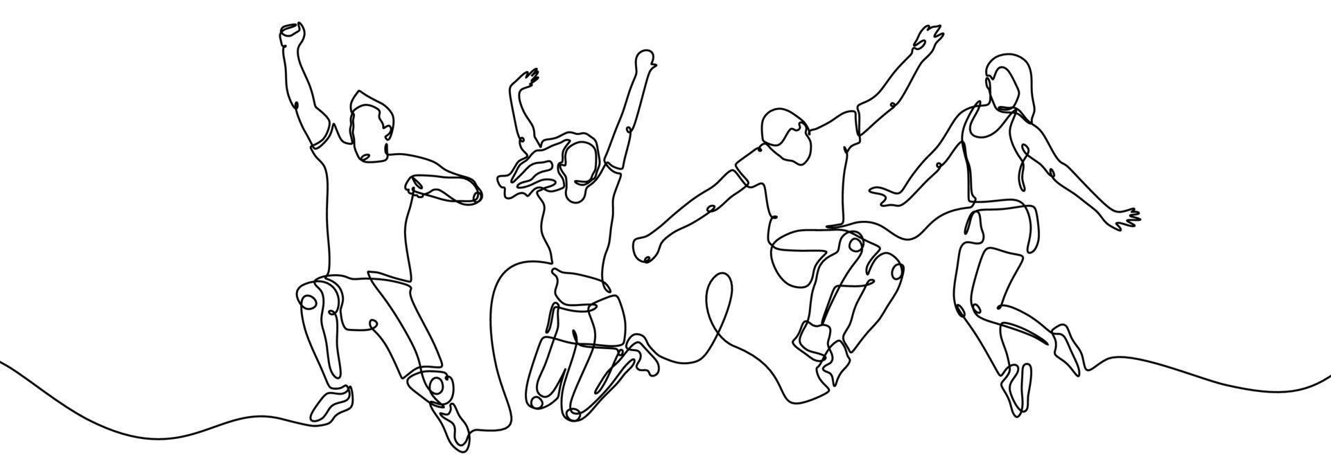 dessin continu d'une ligne de saut de membres heureux de l'équipe vecteur