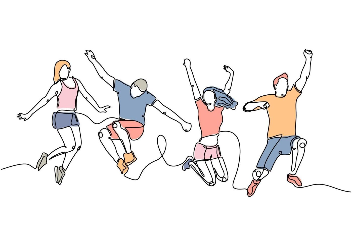 dessin au trait continu d'un groupe d'amis sautant de joie vecteur