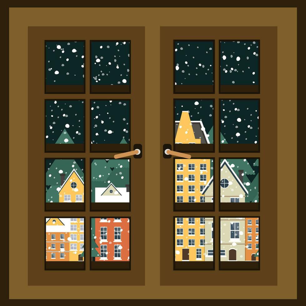 hiver paysage. vue de le la fenêtre. Nouveau année affiche. hiver dans village. plat vecteur illustration