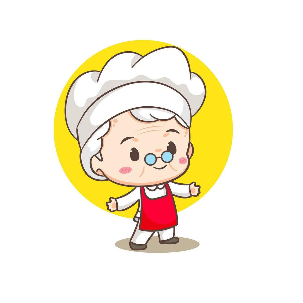 dessin animé mignon de chef de grand-mère. art vectoriel du logo de cuisine de grand-mère. concept d'icône de nourriture de personnes. restaurant et logo culinaire fait maison