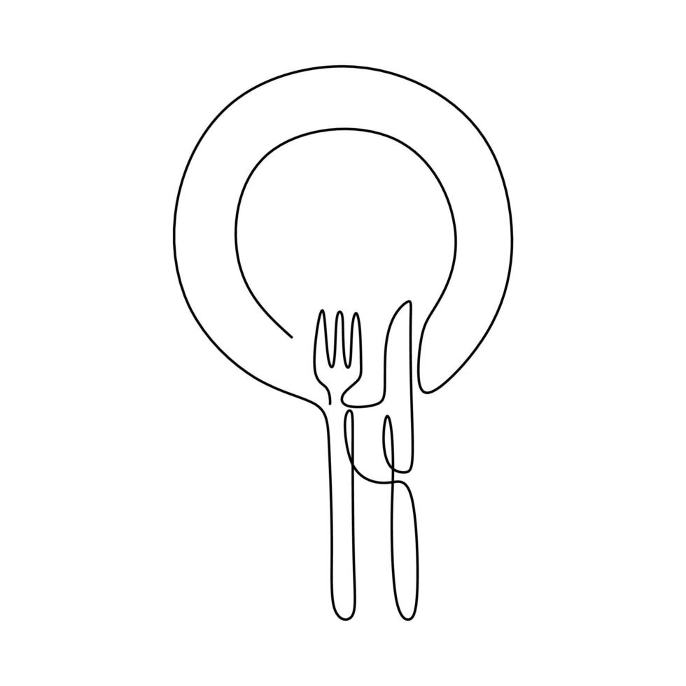 assiette, couteau et fourchette. une illustration vectorielle de dessin au trait continu vecteur