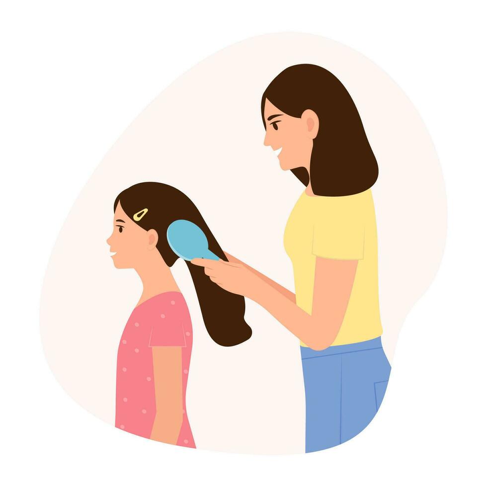 mère brossage sa fille cheveux. content enfance et maternité, parental l'amour et se soucier pour les enfants. vecteur illustration