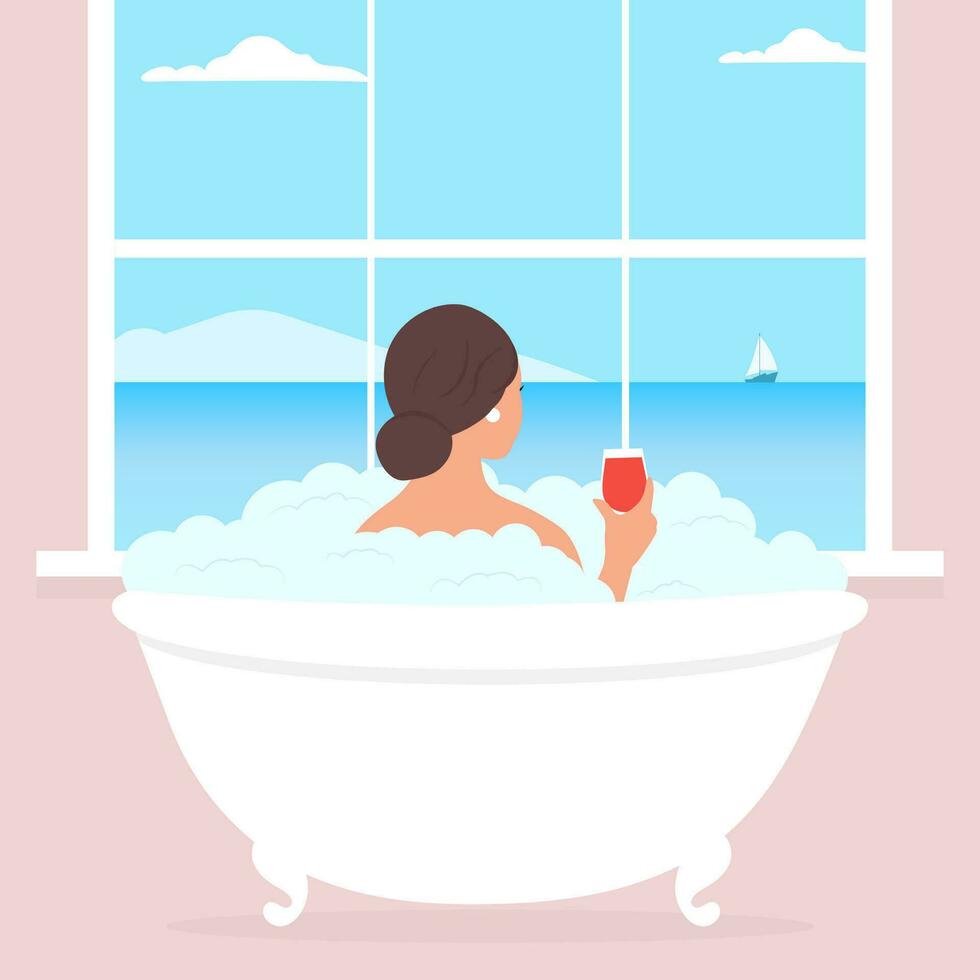 détendu femme prise bain, mensonge dans mousse bulles. une Dame avec une verre de vin jouit le mer paysage. . vecteur illustration