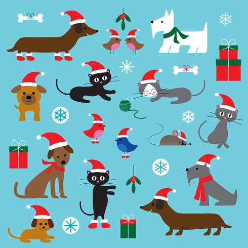 Chats, chiens et oiseaux de noel vecteur