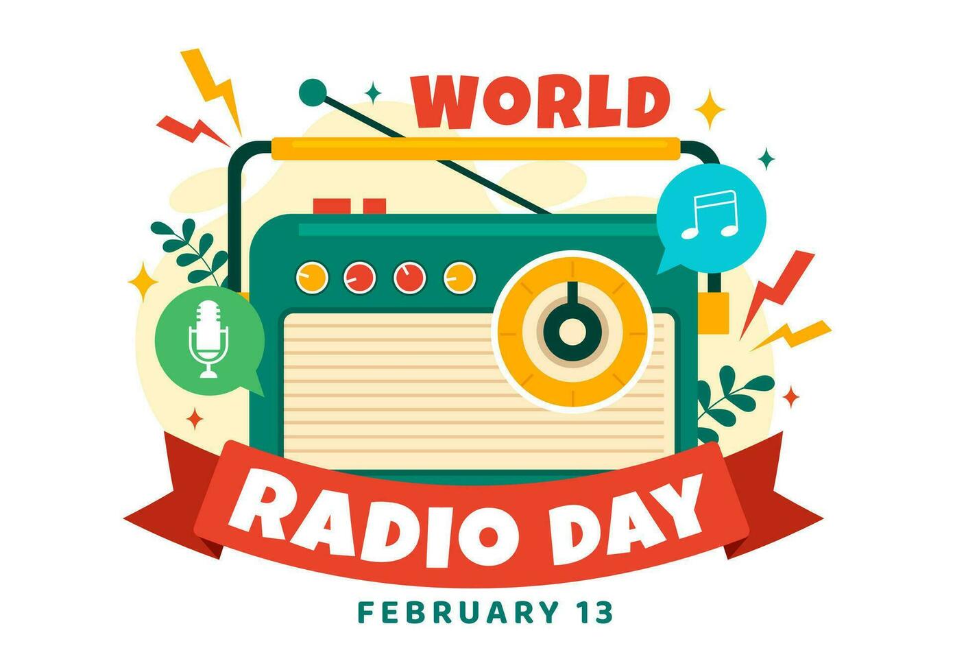 monde radio journée vecteur illustration sur 13 février pour la communication médias utilisé et écoute public dans plat dessin animé Contexte conception