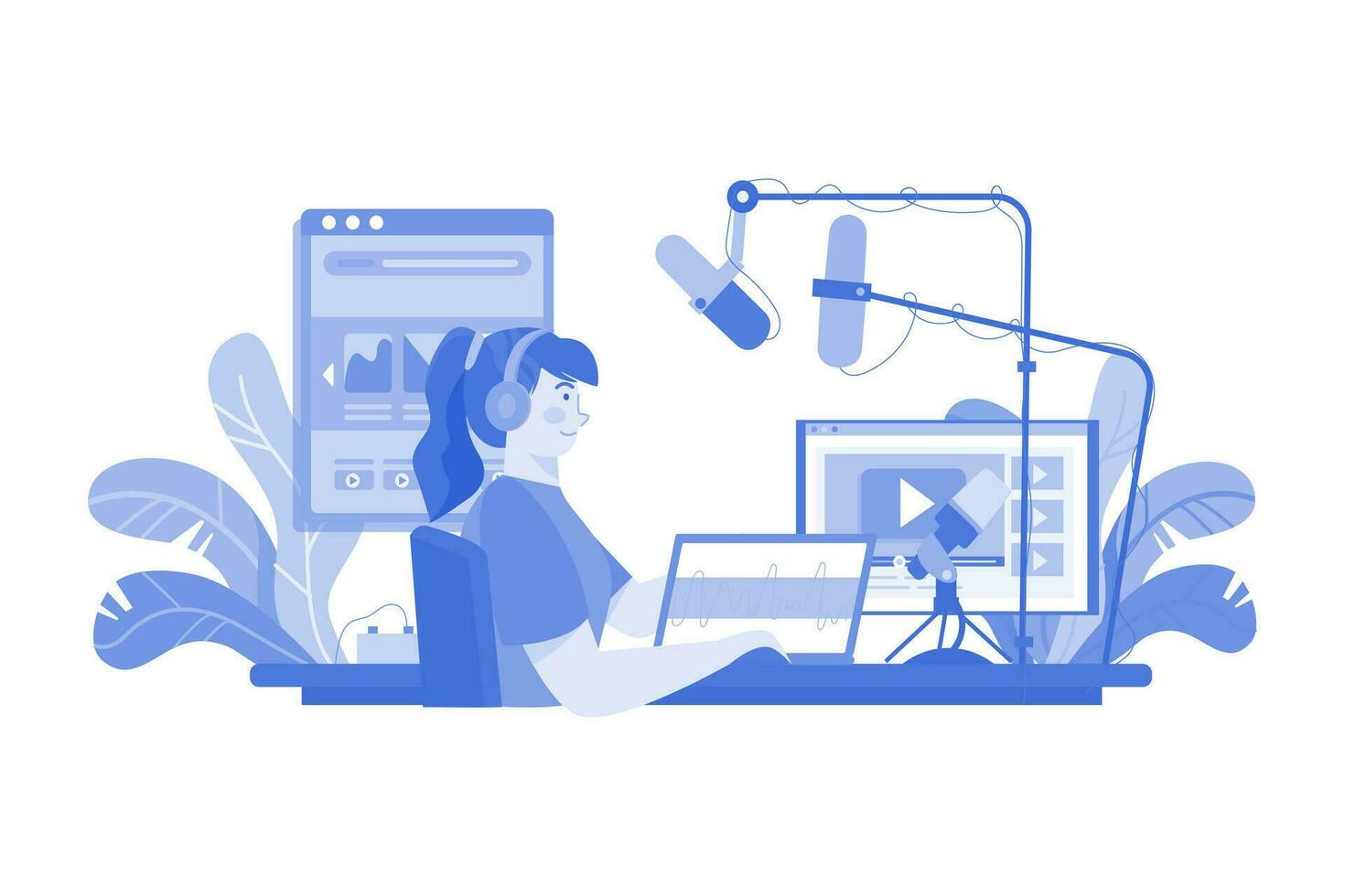 femme éditant un podcast au studio vecteur