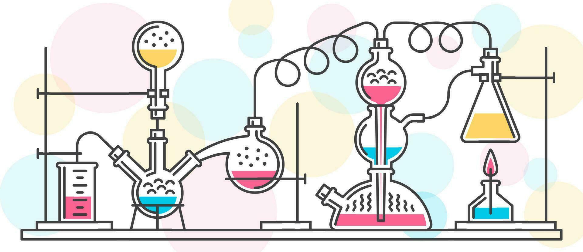 une complexe chimique réaction. construction de laboratoire verrerie, équipement. vecteur illustration de une minimaliste style de ligne Icônes. Contexte de Aléatoire chimique formules, Remarques.