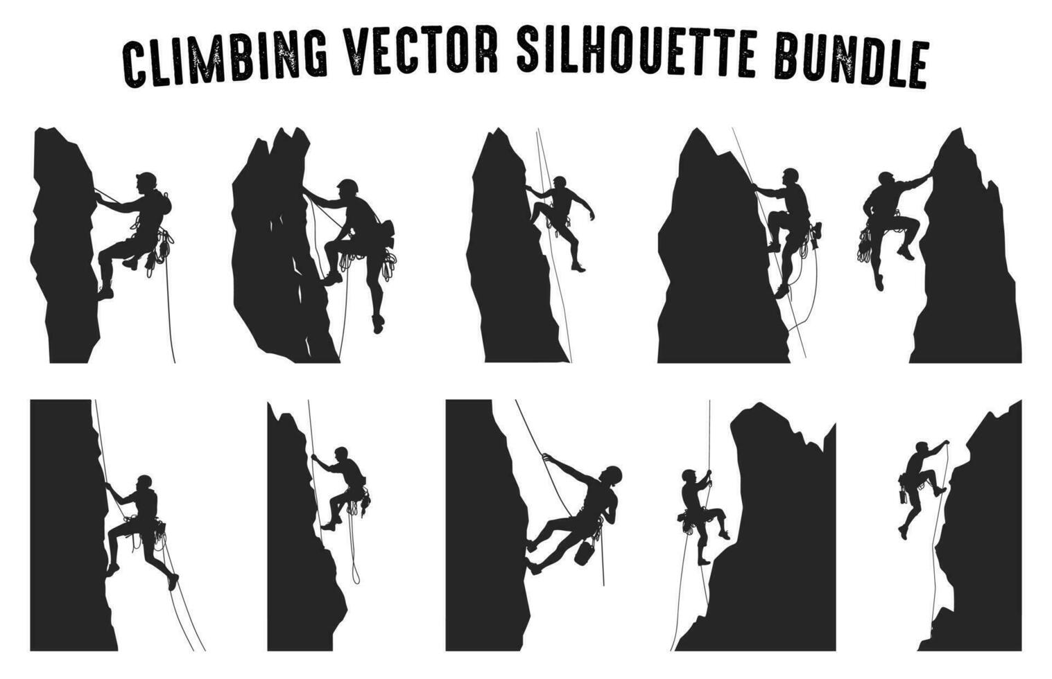 grimpeur vecteur silhouette clipart empaqueter, Montagne escalade silhouettes dans différent pose, Roche grimpeur noir silhouette ensemble