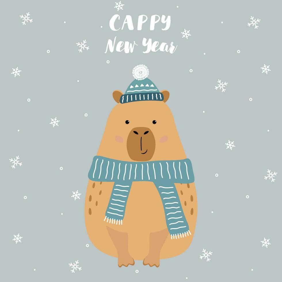 content Nouveau année salutation carte. mignonne dessin animé capybara avec dans une chapeau et écharpe vecteur