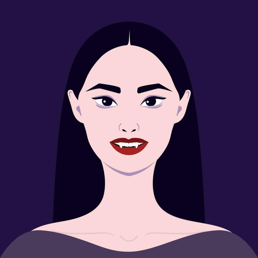 portrait de une magnifique vampire femme avec noir cheveux et rouge lèvres. vecteur illustration