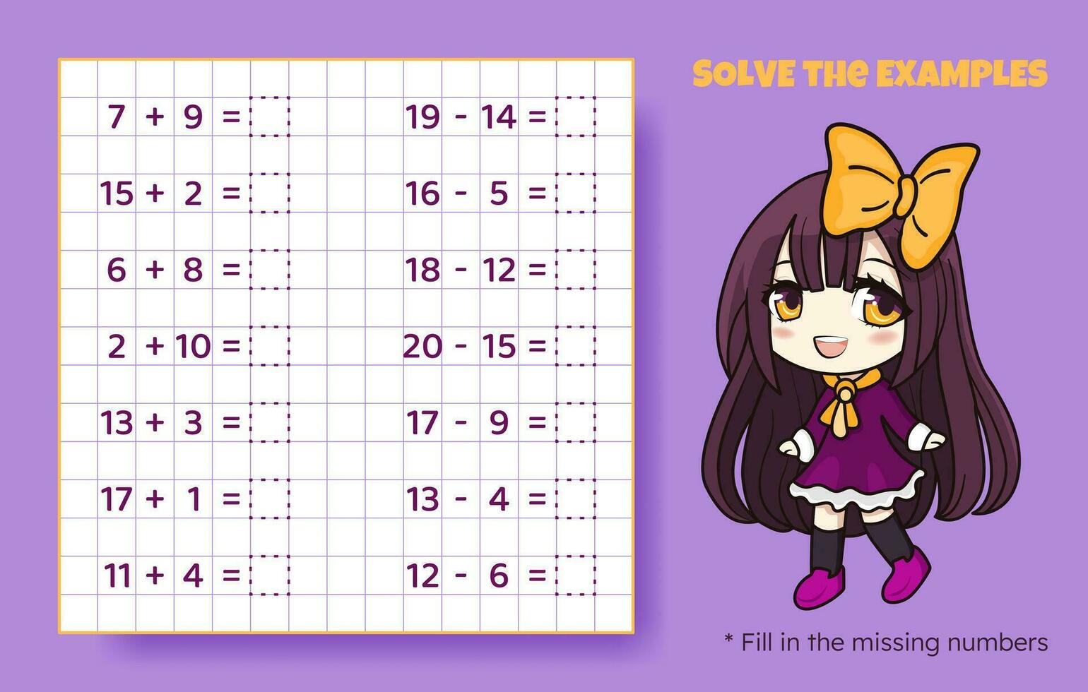 résoudre le exemples. une addition et soustraction en haut à 20. mathématique puzzle jeu. feuille de travail pour préscolaire enfants. vecteur illustration. dessin animé éducatif Jeu avec mignonne anime fille pour les enfants.