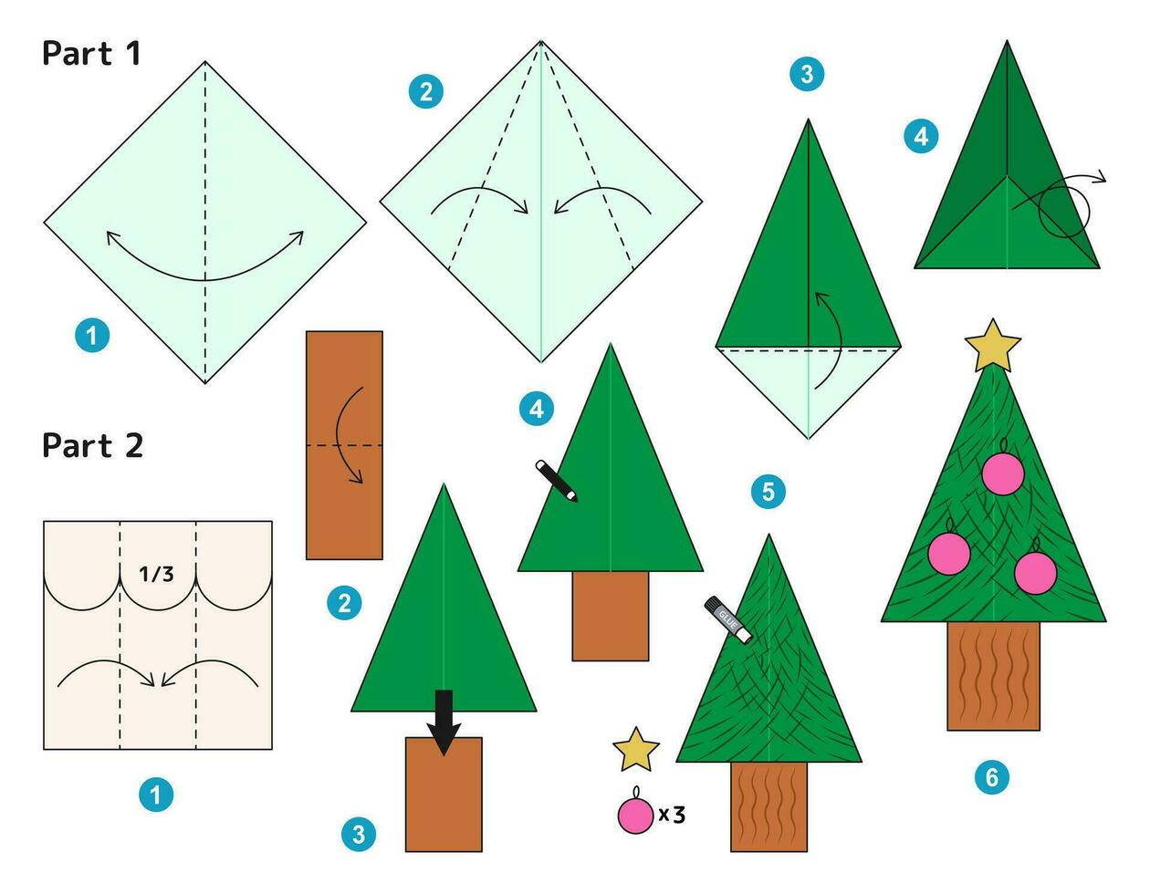 Noël arbre origami schème Didacticiel en mouvement modèle. origami pour enfants. étape par étape Comment à faire une mignonne origami sapin. vecteur illustration.