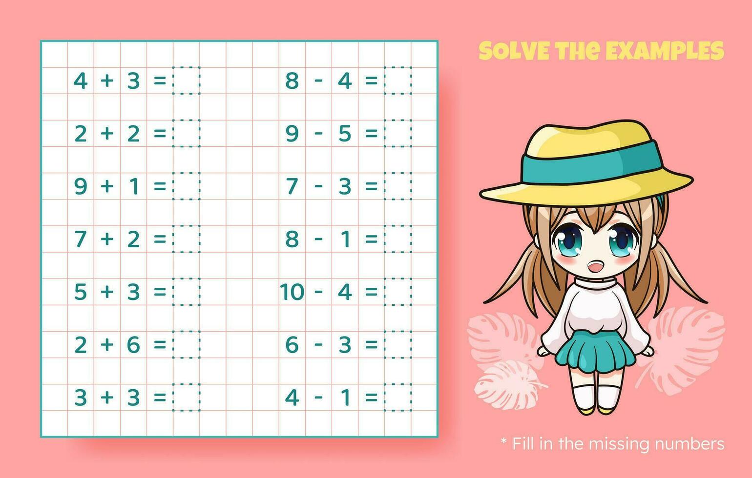 résoudre le exemples. une addition et soustraction en haut à dix. mathématique puzzle jeu. feuille de travail pour préscolaire enfants. vecteur illustration. dessin animé éducatif Jeu avec mignonne anime fille pour les enfants.