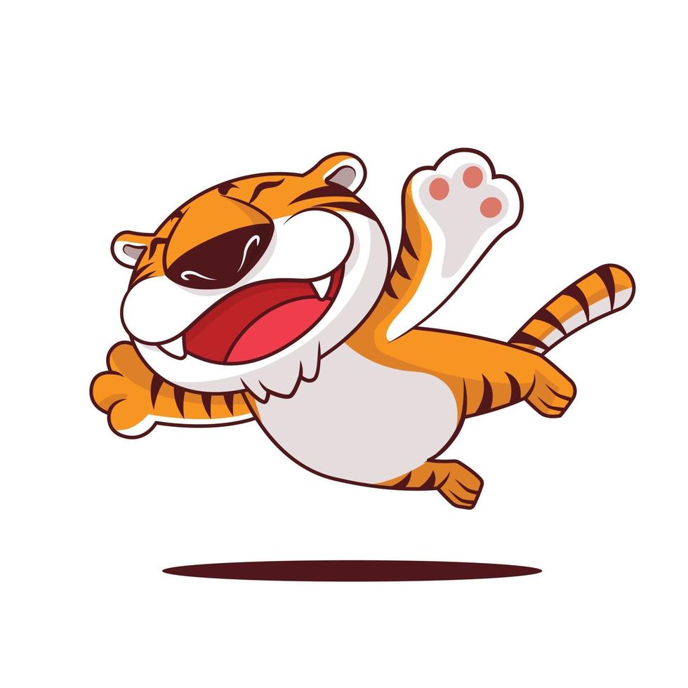 dessin animé mignon tigre écarte les bras et vole haut vecteur