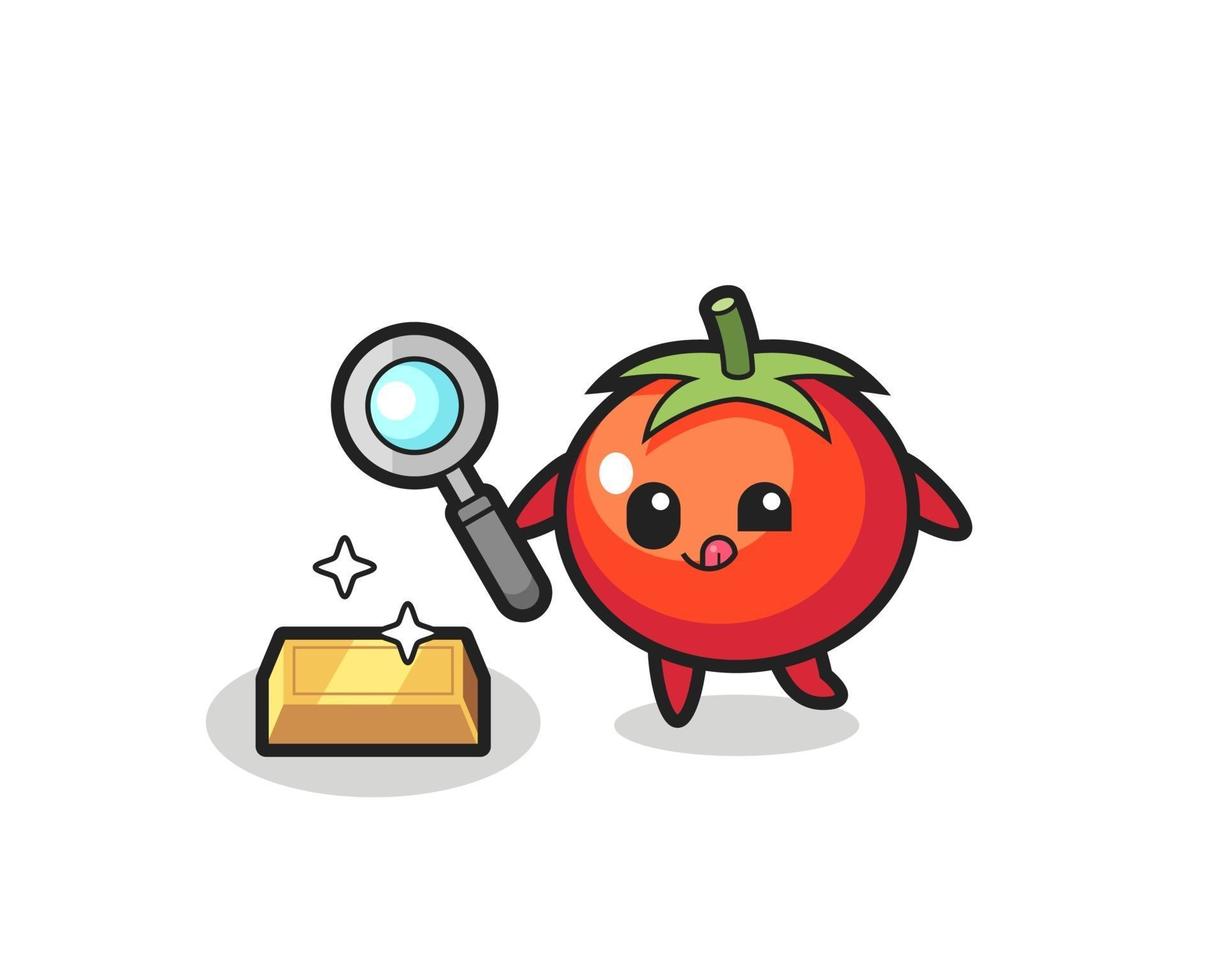 le personnage de tomate vérifie l'authenticité des lingots d'or vecteur