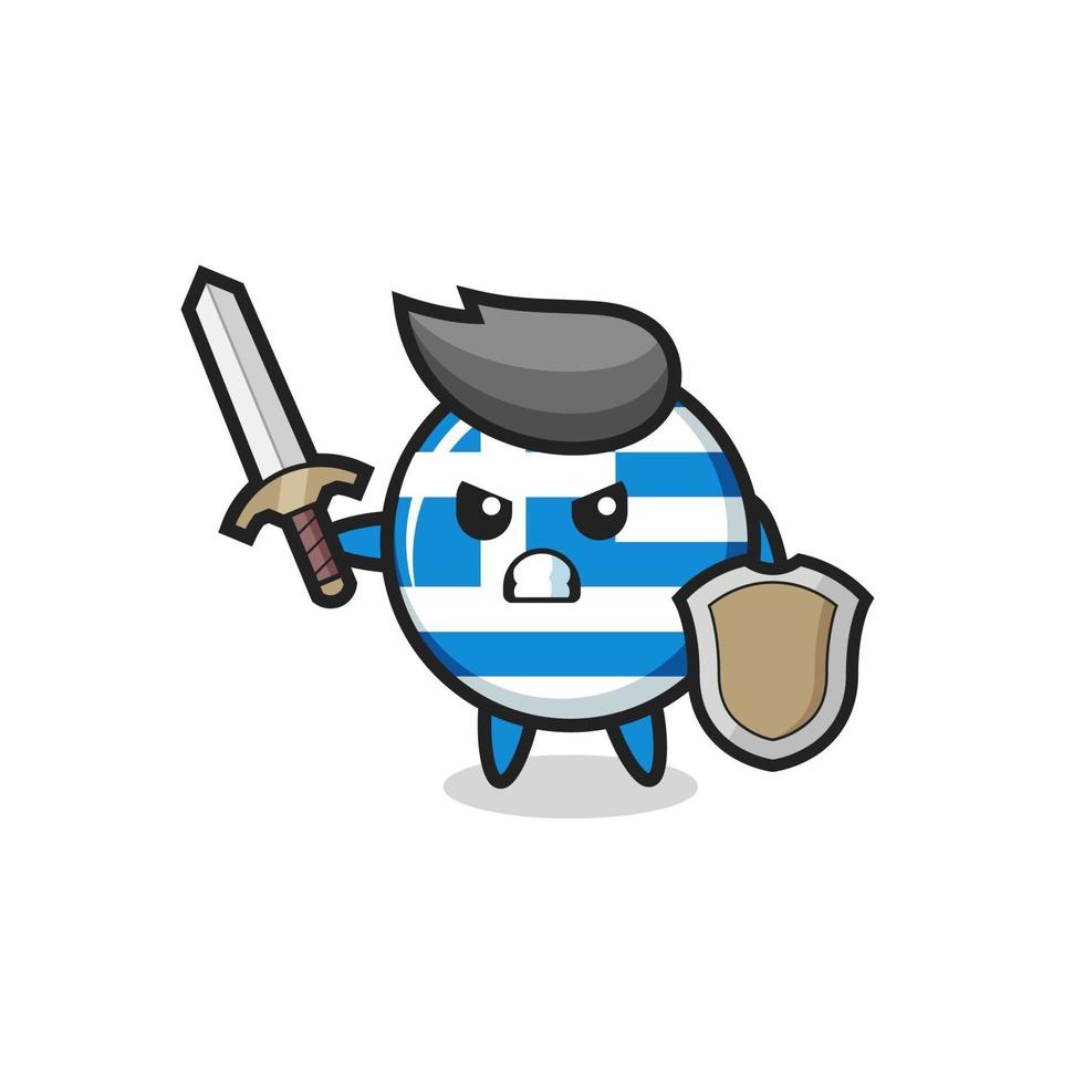 joli soldat du drapeau de la grèce combattant avec une épée et un bouclier vecteur