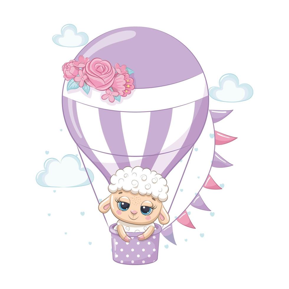 mignon bébé mouton sur une montgolfière. illustration vectorielle. vecteur